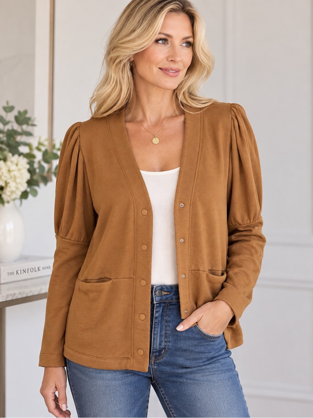 Q2 Camel Puff Sleeve Snap-Front Jacket